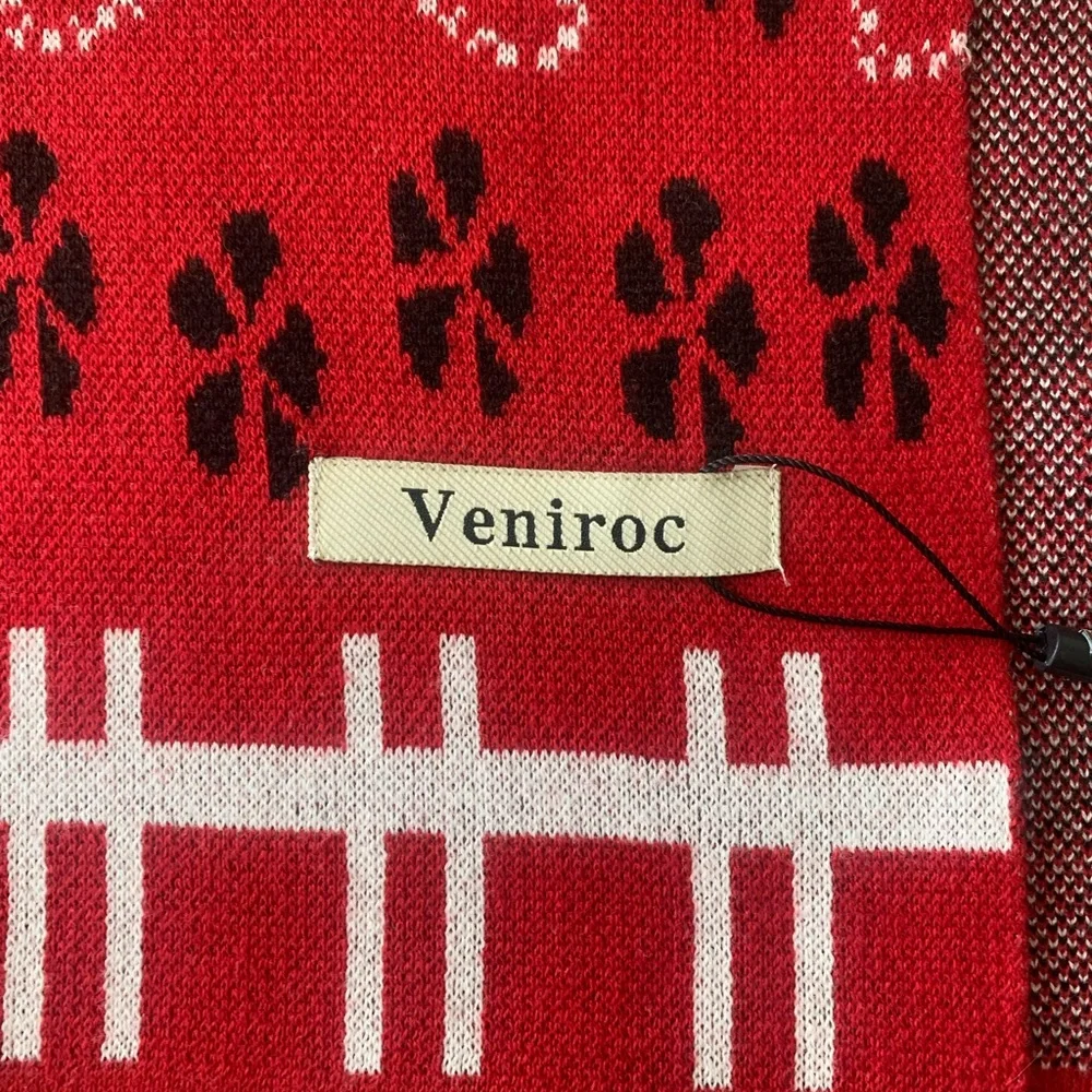 VENIROC Red/White Cashmere Checkered Long Scarf Farmhouse Teddy Bear Design